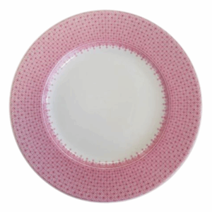 Pink Lace by Mottahedeh Dinnerware — elegant white porcelain plates adorned with a delicate pink lace border and fine gold rim. Available in Dinner Plate (10.25") and Dessert Plate (8.5"). A charming and timeless addition to romantic or spring-inspired table settings.