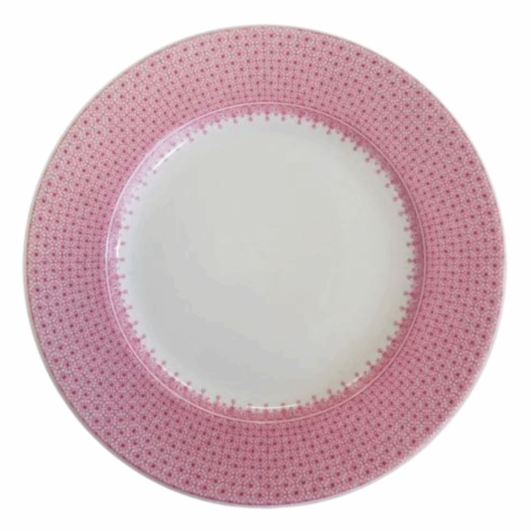 Pink Lace by Mottahedeh Dinnerware — elegant white porcelain plates adorned with a delicate pink lace border and fine gold rim. Available in Dinner Plate (10.25") and Dessert Plate (8.5"). A charming and timeless addition to romantic or spring-inspired table settings.