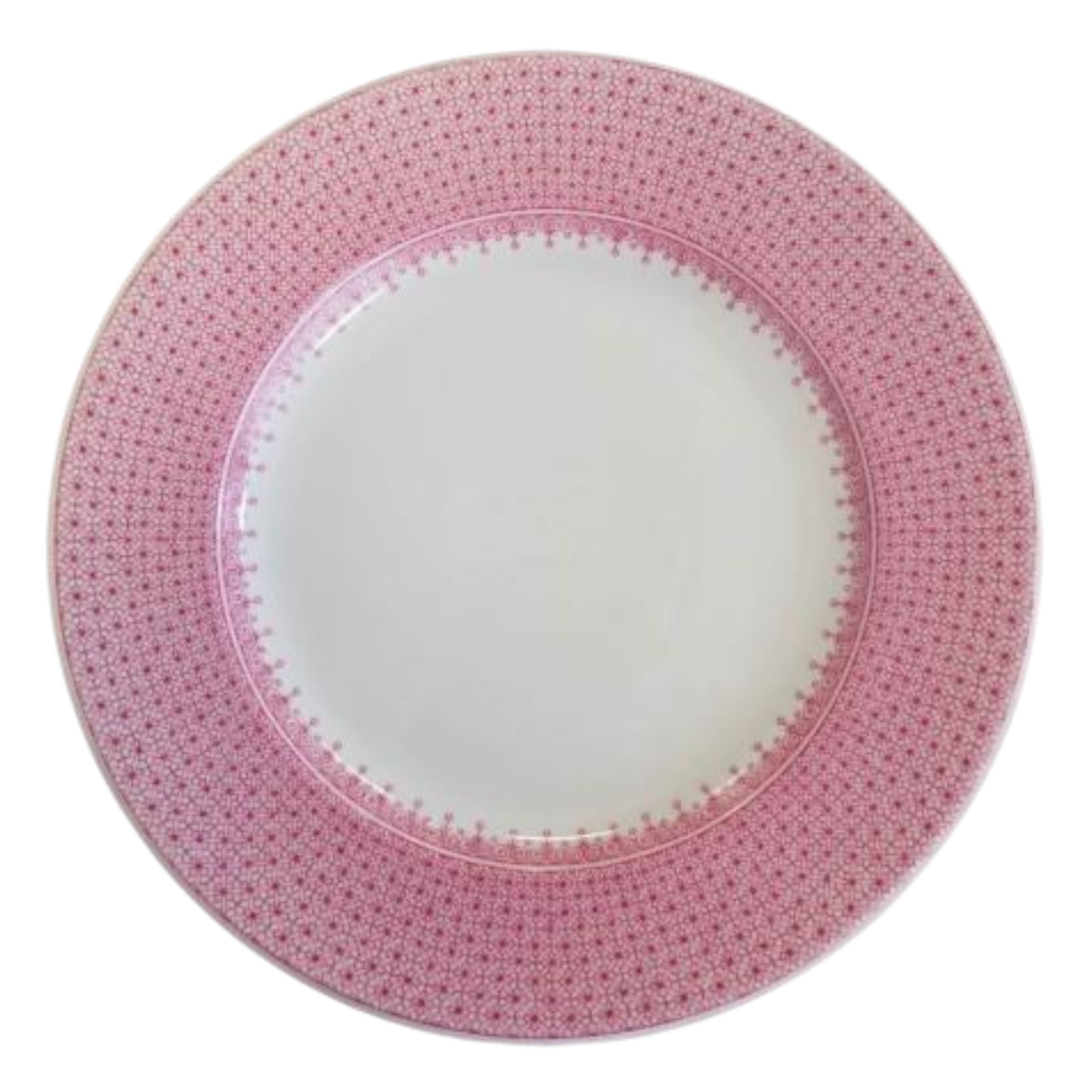 Pink Lace by Mottahedeh Dinnerware — elegant white porcelain plates adorned with a delicate pink lace border and fine gold rim. Available in Dinner Plate (10.25") and Dessert Plate (8.5"). A charming and timeless addition to romantic or spring-inspired table settings.