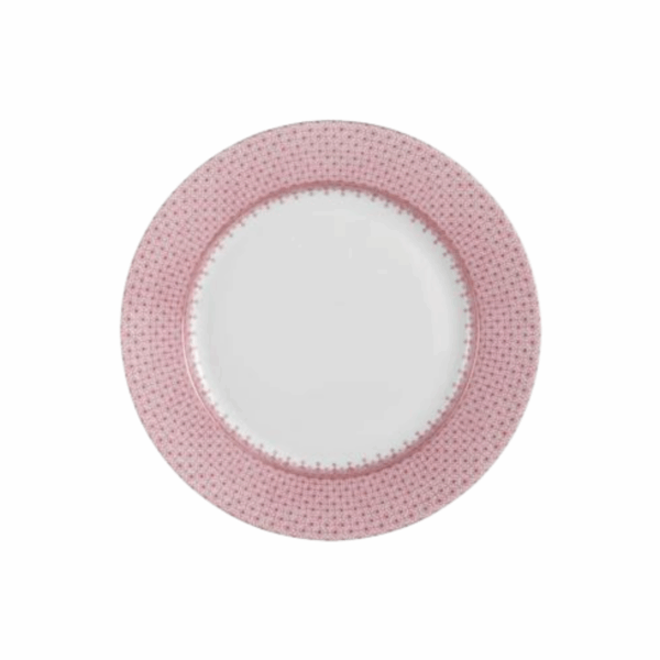 Pink Lace by Mottahedeh Dinnerware — elegant white porcelain plates adorned with a delicate pink lace border and fine gold rim. Available in Dinner Plate (10.25") and Dessert Plate (8.5"). A charming and timeless addition to romantic or spring-inspired table settings.