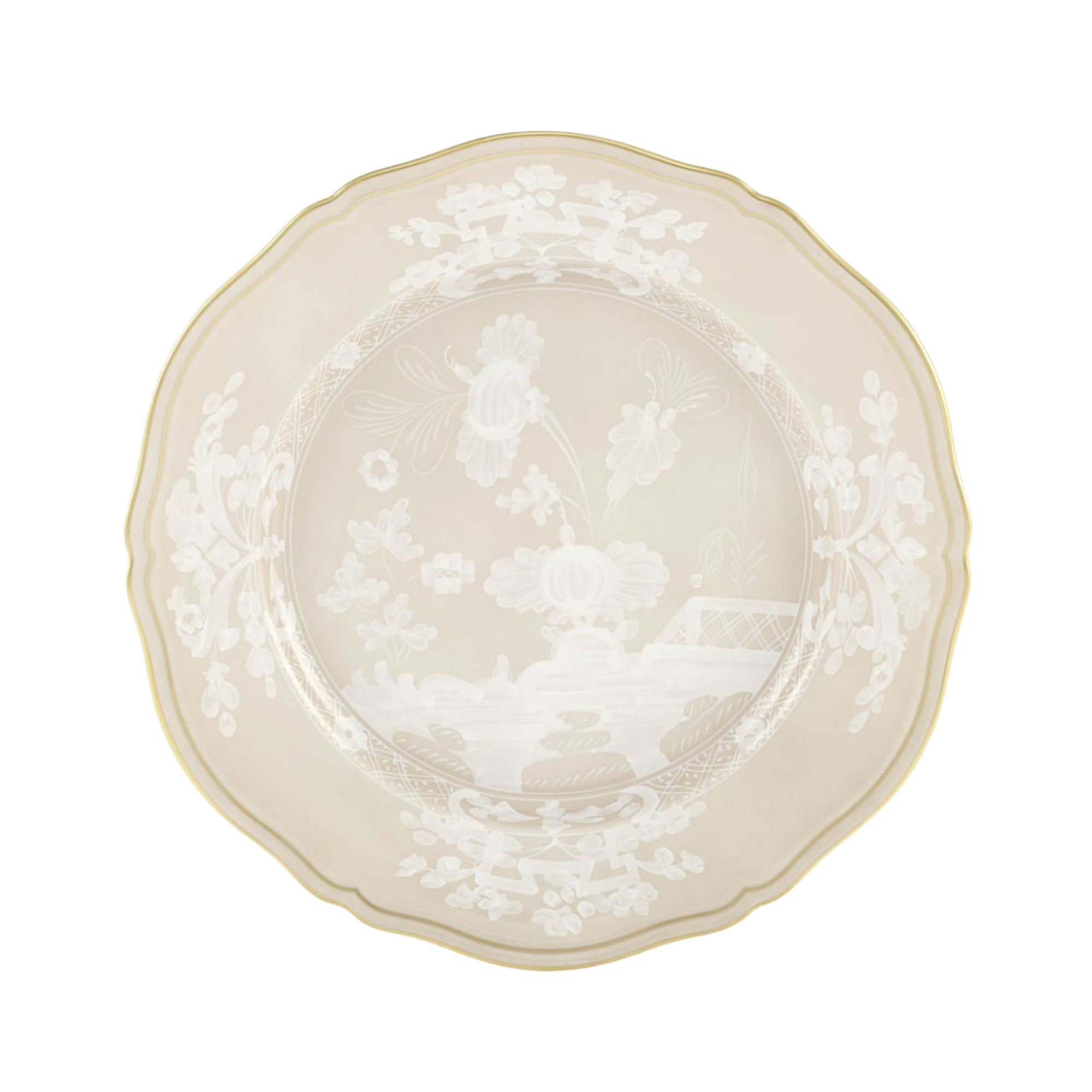 Ginori Oriente Italiano Meringa Dinnerware — elegant porcelain plates in a soft ivory tone featuring intricate white chinoiserie-style floral motifs and a delicate scalloped edge with a fine gold rim. Available in Salad Plate (8") and Dinner Plate (10").