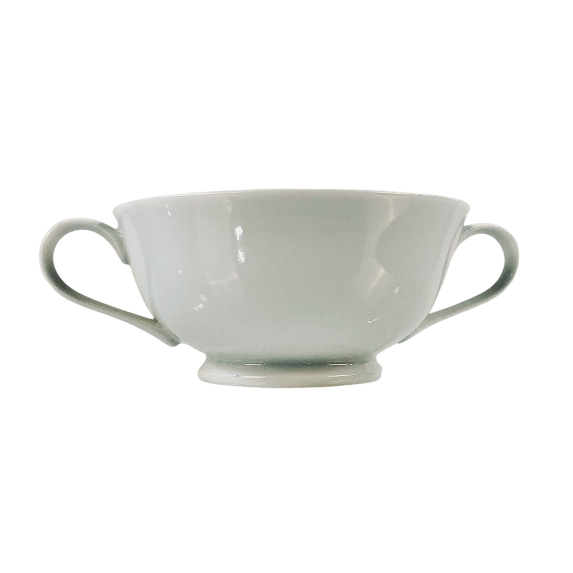 White porcelain bouillon bowl with dual side handles, ideal for serving soups, broths, or appetizers. Available in 4 oz. and 8 oz. sizes for versatile event and dining presentations.
