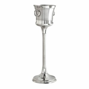 Polished stainless steel Optima Champagne Pedestal and matching Optima Champagne Bucket set. The pedestal stands 25" high with a 10.75" diameter base, while the bucket measures 10" in diameter and 8.25" high. Designed with ring handles and a sleek modern silhouette, perfect for elegant beverage service or event displays.