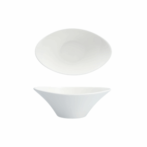 White ceramic oval bowl, 6 inches wide with an 8-ounce capacity. Features a smooth modern design and gently flared sides, perfect for serving appetizers, soups, or desserts at elegant events.