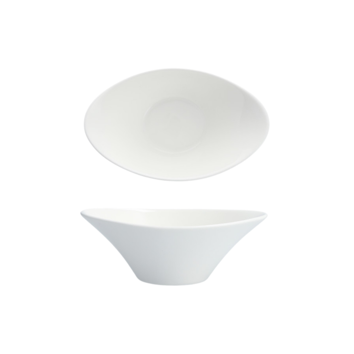 White ceramic oval bowl, 6 inches wide with an 8-ounce capacity. Features a smooth modern design and gently flared sides, perfect for serving appetizers, soups, or desserts at elegant events.