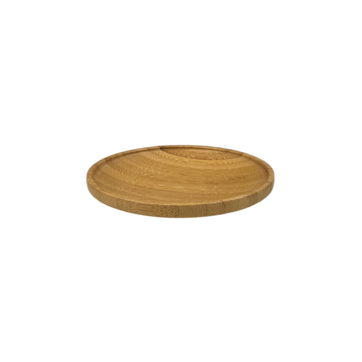Small round wooden topper measuring 5 inches in diameter, featuring a smooth natural wood grain finish. Perfect for serving small bites, displaying candles, or accenting tabletop décor.