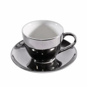 Elegant silver ceramic coffee cup with matching saucer, featuring a metallic sheen and modern design. Holds 7.5 ounces, ideal for serving coffee, tea, or espresso in a sophisticated setting.