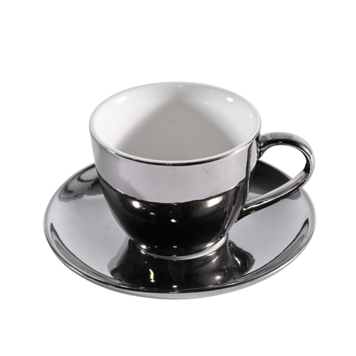Elegant silver ceramic coffee cup with matching saucer, featuring a metallic sheen and modern design. Holds 7.5 ounces, ideal for serving coffee, tea, or espresso in a sophisticated setting.