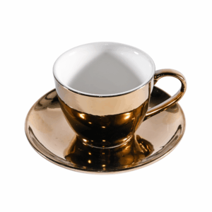 Gold ceramic coffee cup and saucer set featuring a reflective metallic finish and white interior, holding 7.5 ounces — a luxurious accent piece for elegant coffee or tea service.
