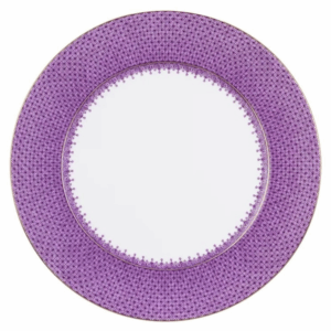 Plum Lace by Mottahedeh Charger Plate, 12 inches — an elegant porcelain charger featuring a detailed lace-inspired plum purple pattern with fine gold edging, offering a refined and luxurious accent to any tabletop setting.