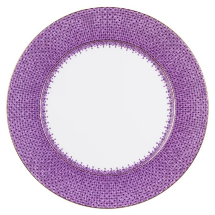 Plum Lace by Mottahedeh Charger Plate, 12 inches — an elegant porcelain charger featuring a detailed lace-inspired plum purple pattern with fine gold edging, offering a refined and luxurious accent to any tabletop setting.