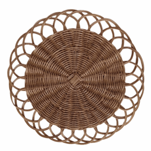 Rattan Floral Charger, 15.5-inch round — a natural woven charger plate featuring a tight circular weave center and decorative open-loop floral edge, adding an organic and elegant texture to table settings.