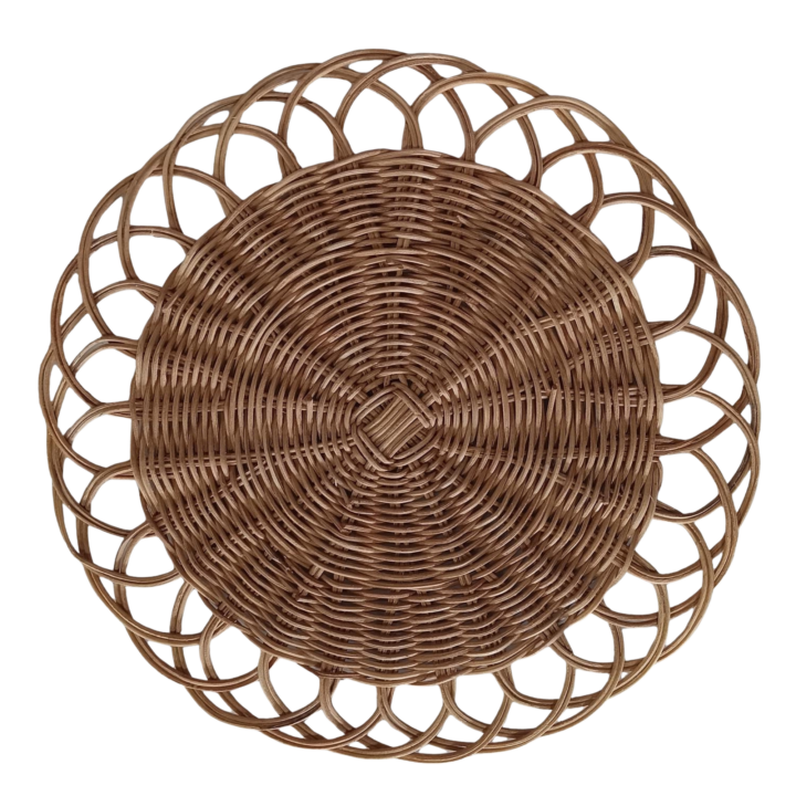 Rattan Floral Charger, 15.5-inch round — a natural woven charger plate featuring a tight circular weave center and decorative open-loop floral edge, adding an organic and elegant texture to table settings.