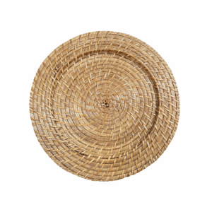 Rattan Charger — 13" round natural woven charger featuring a handwoven pattern and warm tan finish, perfect for adding organic texture to table settings.