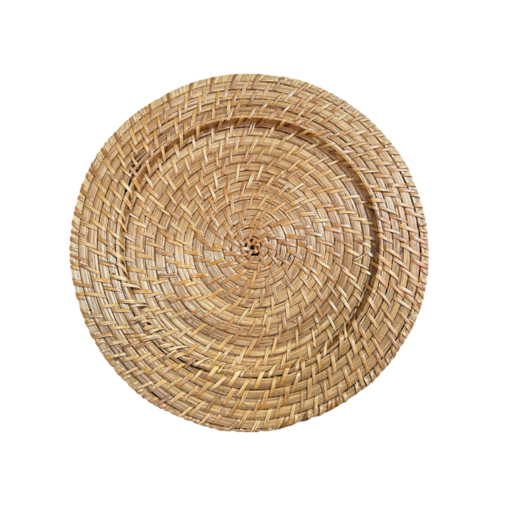 Rattan Charger — 13" round natural woven charger featuring a handwoven pattern and warm tan finish, perfect for adding organic texture to table settings.