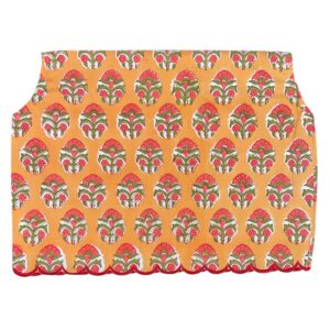 Orange and green scalloped Chiavari tunic featuring a floral block print and scalloped hem designed to fit over Chiavari chairs.