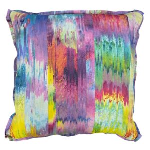 Square decorative pillow measuring 20" x 20" with a vibrant multicolor prism pattern in shades of purple, yellow, blue, pink, and green. Features a soft textured fabric with a contemporary artistic design.