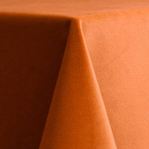 Spice-colored velvet 132-inch round table linen in a warm, burnt-orange hue with a rich velvet texture.