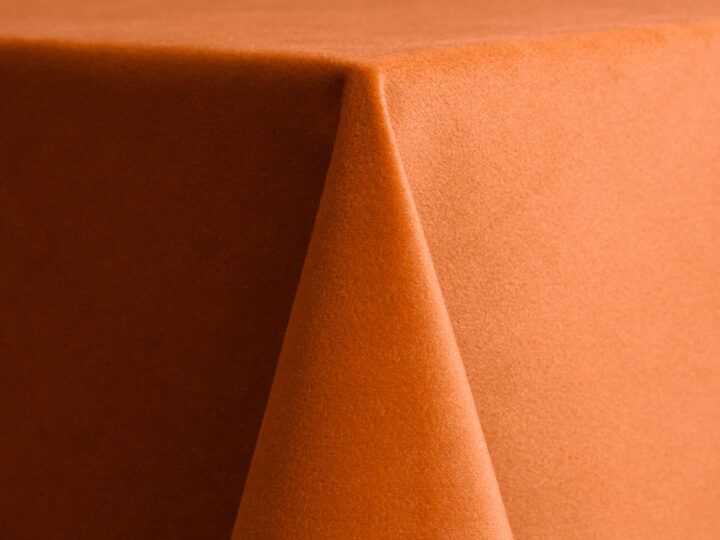 Spice-colored velvet 132-inch round table linen in a warm, burnt-orange hue with a rich velvet texture.