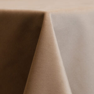 Cashmere velvet 132-inch round table linen in a soft taupe-beige tone with a smooth, plush velvet finish.