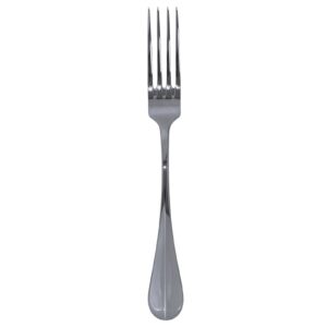 Polished stainless steel serving fork, 9.75 inches long, featuring a sleek mirror finish with a tapered handle and four wide tines.