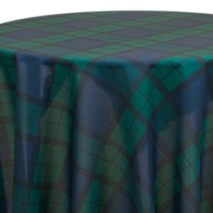 Black Watch Preppy Plaid table runner featuring a classic green and navy tartan pattern. Available in 126" x 16", 213" x 16", and 102" x 16" sizes. Perfect for adding a timeless, sophisticated touch to dining tables, buffets, or event décor.