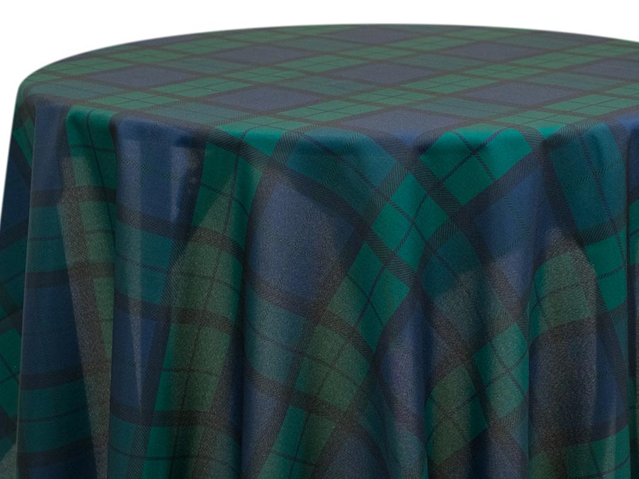 Black Watch Preppy Plaid table runner featuring a classic green and navy tartan pattern. Available in 126" x 16", 213" x 16", and 102" x 16" sizes. Perfect for adding a timeless, sophisticated touch to dining tables, buffets, or event décor.