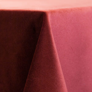Merlot velvet table linen featuring a rich, deep red hue and a soft, luxurious texture. Available in multiple sizes including 132" round, 90" x 156" rectangular, and 108" x 156" rectangular, perfect for elegant events, weddings, and upscale table settings.