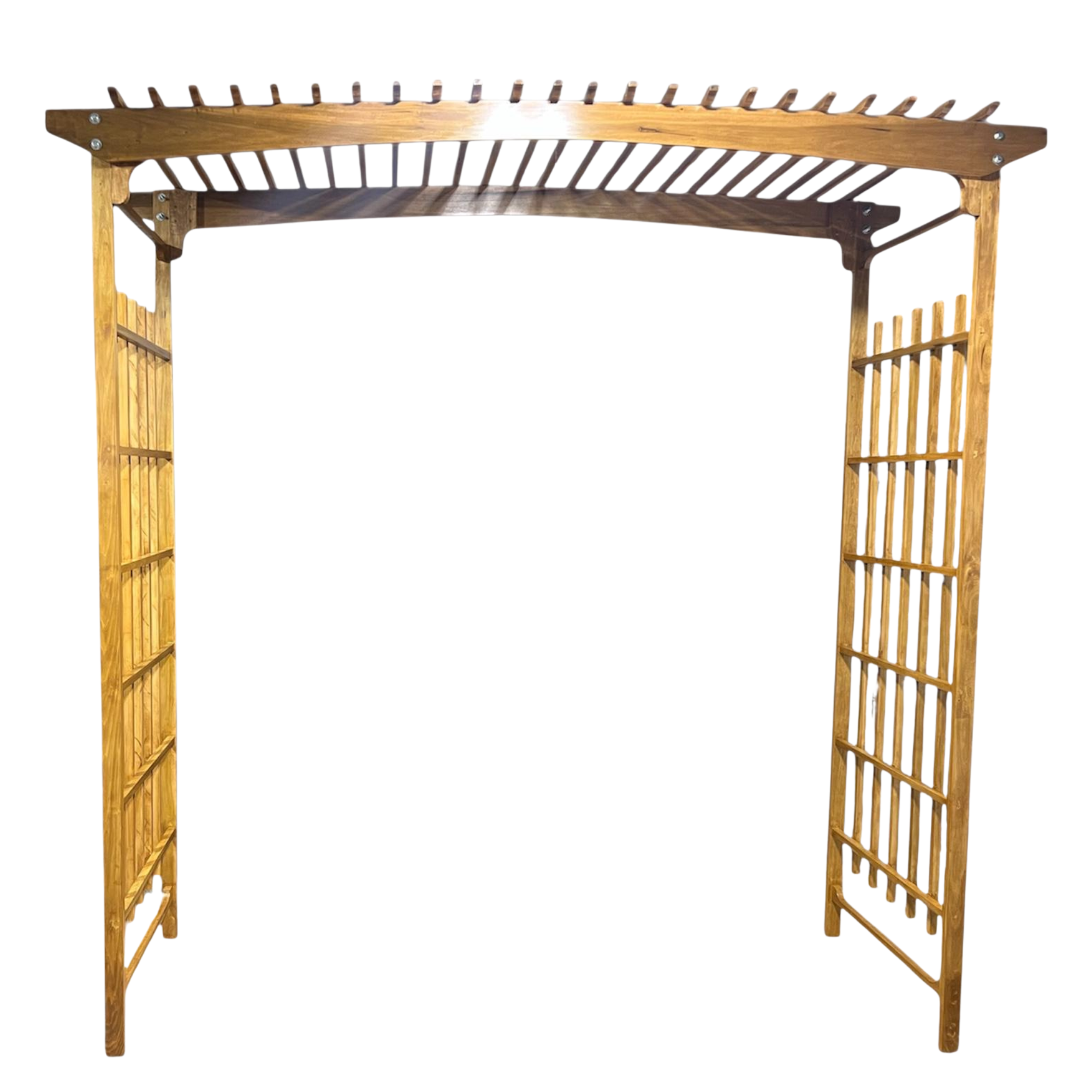 Wooden garden trellis arch made of poplar, featuring slatted lattice sides and a curved top pergola design. The natural wood finish adds warmth and structure, ideal for outdoor entryways, floral displays, or event décor.