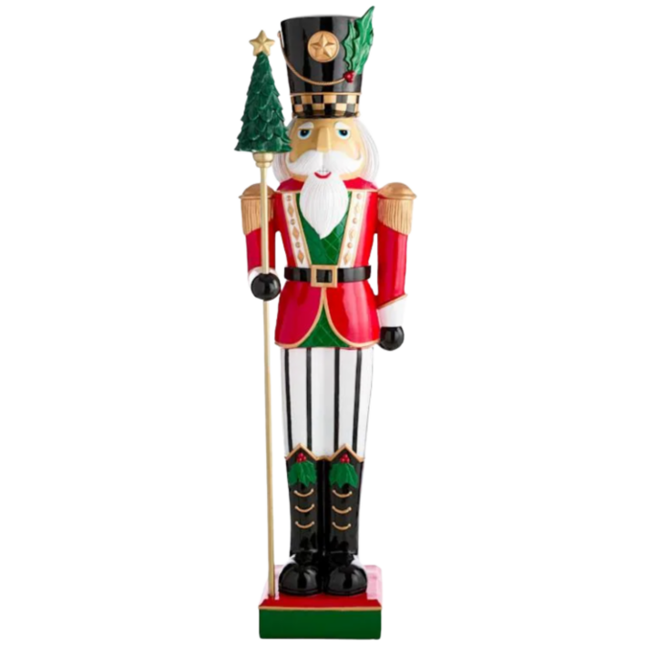 5' LED Nutcracker — large decorative holiday nutcracker figure with a classic red and green uniform, black and gold hat, and holding a Christmas tree staff, featuring built-in LED lights for festive illumination.