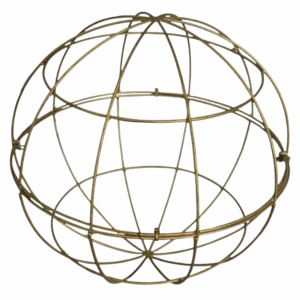 Decorative Wire Sphere — open-frame metal orb with a gold finish, available in 6”, 9”, 12”, 18”, and 24” diameters. Perfect for floral installations, hanging décor, or modern event styling accents.