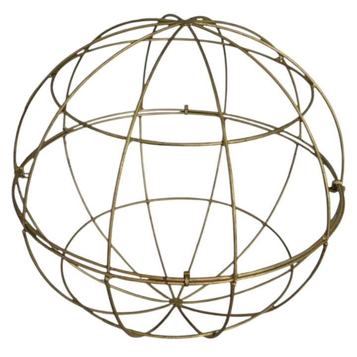 Decorative Wire Sphere — open-frame metal orb with a gold finish, available in 6”, 9”, 12”, 18”, and 24” diameters. Perfect for floral installations, hanging décor, or modern event styling accents.