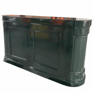 Oval Roberts Bar in Studio Green finish, featuring a smooth glossy surface and paneled front design. The bar measures 6 feet long, 18 inches wide, and 42 inches high, with rounded corners and a polished, elegant appearance.