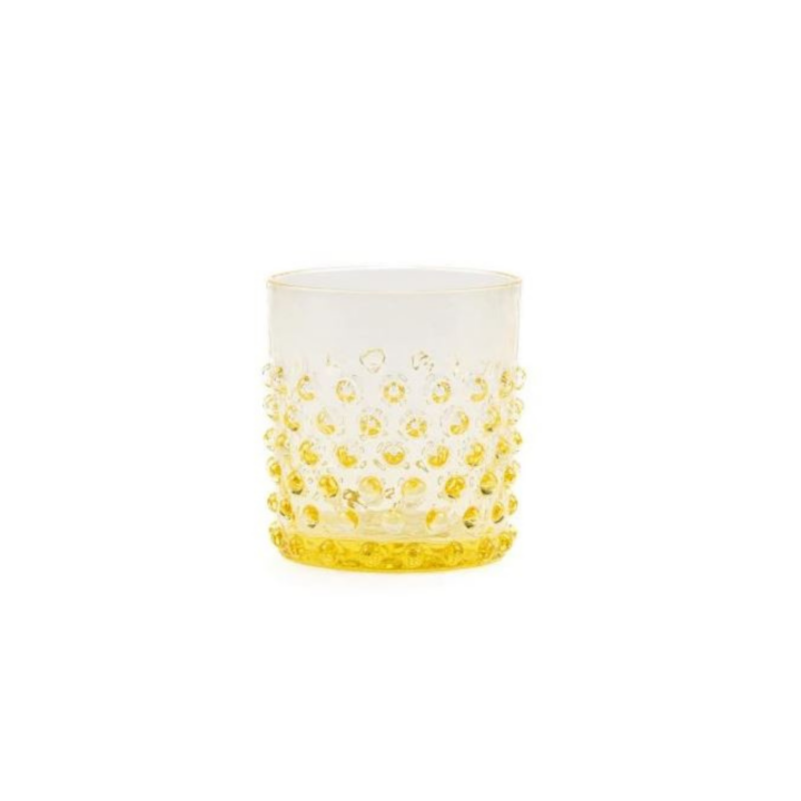 Short citron yellow hobnail vase with a compact form and raised textured dot pattern. Holds 9 oz and is ideal for petite floral arrangements or accent styling.