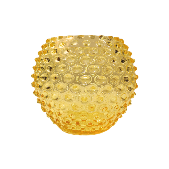 Citron yellow hobnail Globe vase with a wide, rounded shape and allover raised dot texture. Perfect for floral centerpieces or layered event styling.