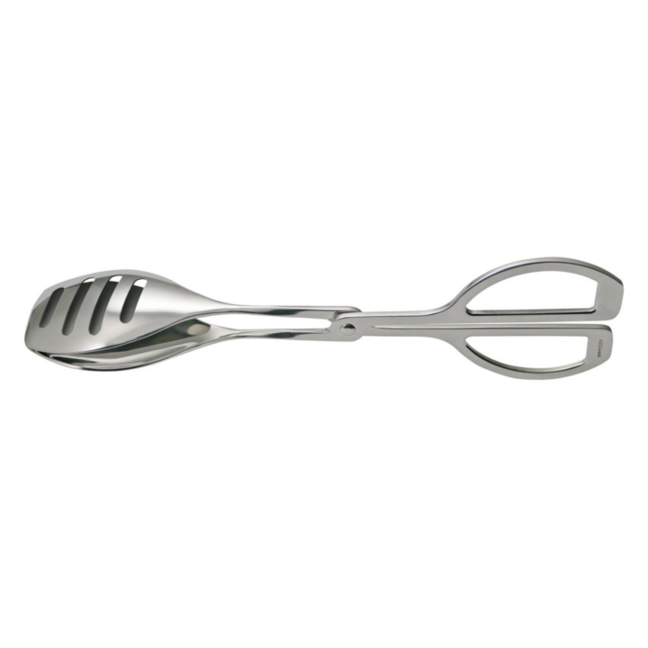 Polished stainless-steel hors d’oeuvres tongs with a slotted spoon end and solid spoon end, featuring a scissor-style handle and a sleek 9.5-inch design.