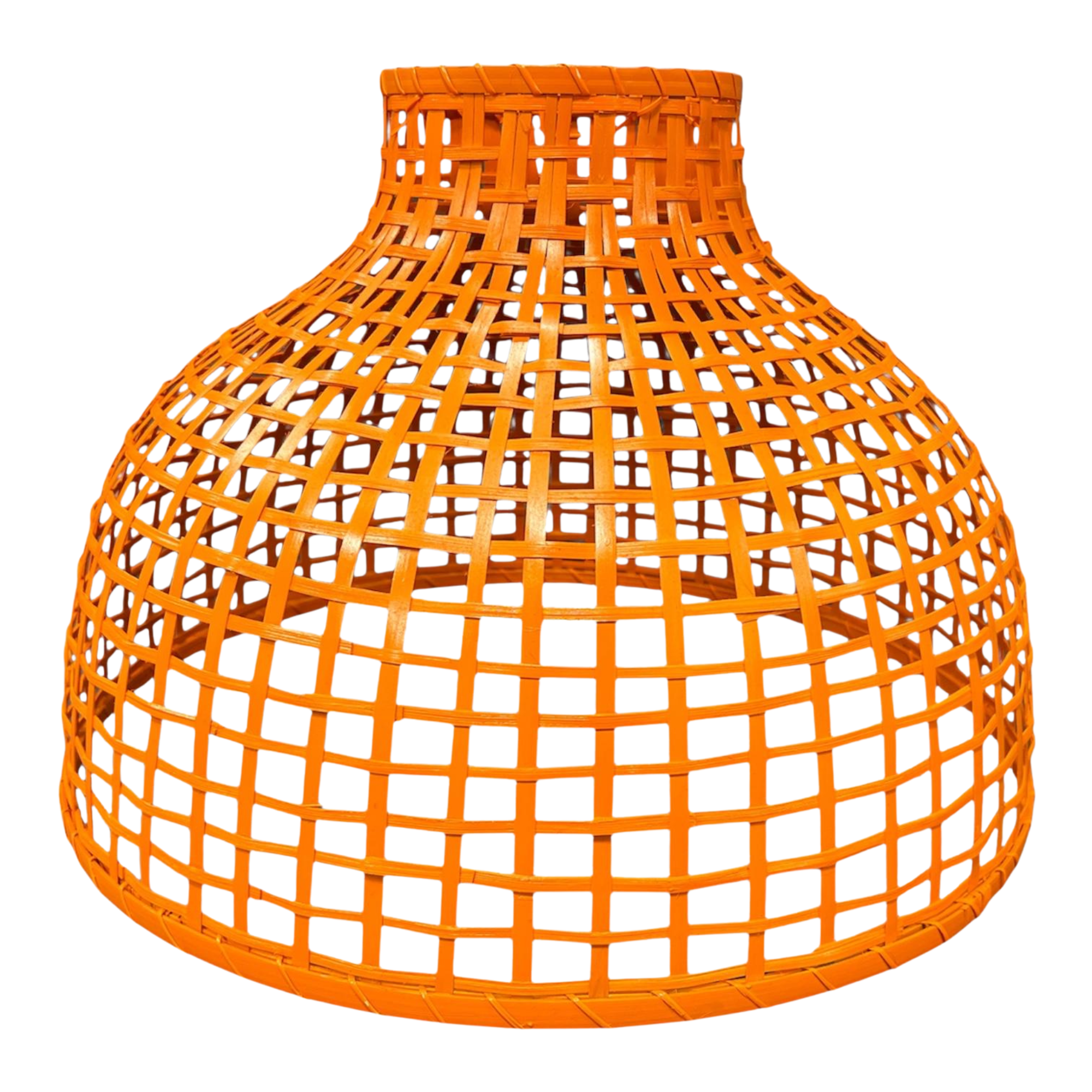 Wicker Pendant Chandelier in Orange — 22" diameter woven rattan-style light fixture with an open lattice design and bold orange finish, perfect for adding a vibrant, modern touch to event or interior décor.
