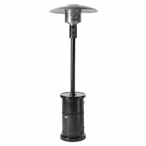 Black propane patio heater standing 7.5 feet tall, featuring a cylindrical base, vertical pole, and wide top reflector for outdoor heating.
