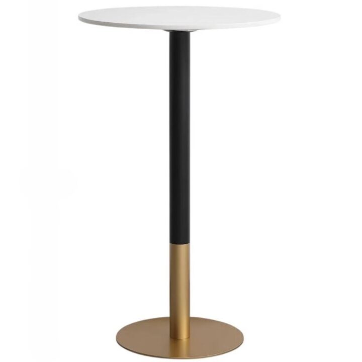 Heyward Bar High Table with white round tabletop, slim black pedestal column, and gold metal base, modern bar-height cocktail table