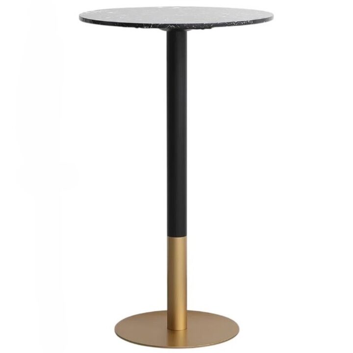 Heyward Bar High Table with black round tabletop, slim black pedestal column, and gold metal base, modern bar-height cocktail table