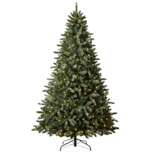 9-foot pre-lit faux Christmas tree with warm white lights and full green branches on a black metal stand.