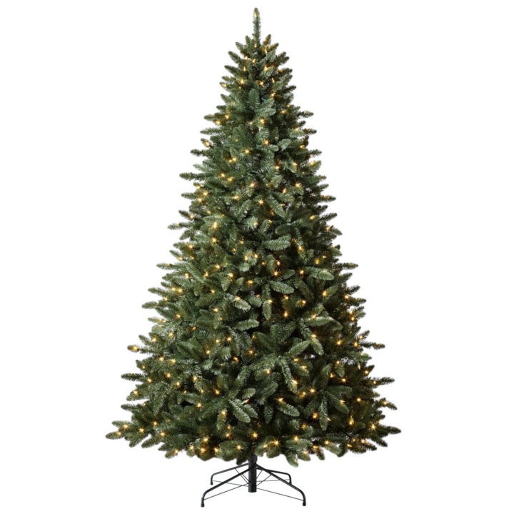 9-foot pre-lit faux Christmas tree with warm white lights and full green branches on a black metal stand.