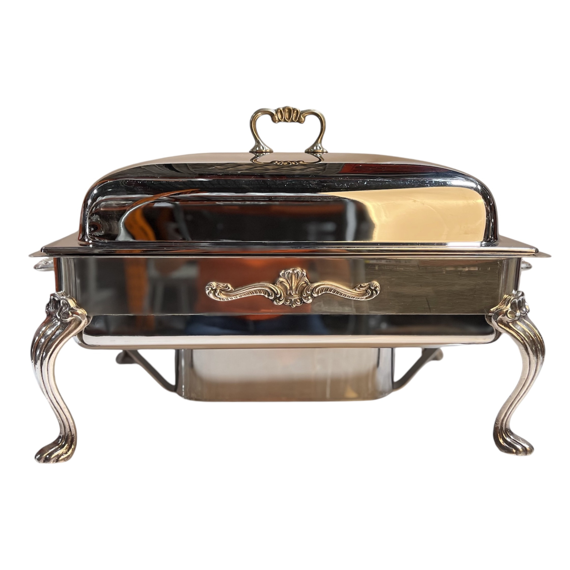 Ornate silverplate rectangular chafing dish with decorative legs and lid, 8-quart capacity