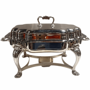 Scalloped silverplate chafing dish with decorative legs and domed lid, 6-quart capacity