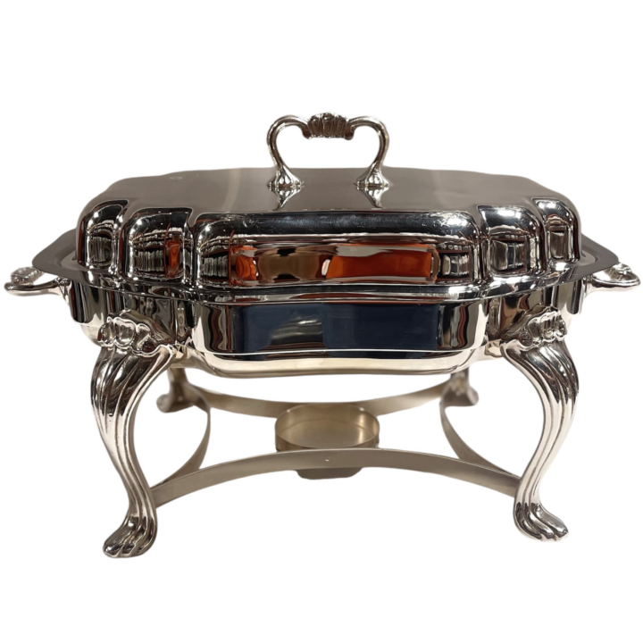 Scalloped silverplate chafing dish with decorative legs and domed lid, 6-quart capacity