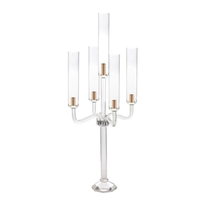 Patrizi crystal five-arm candelabra with clear glass arms, designed for candle sleeves