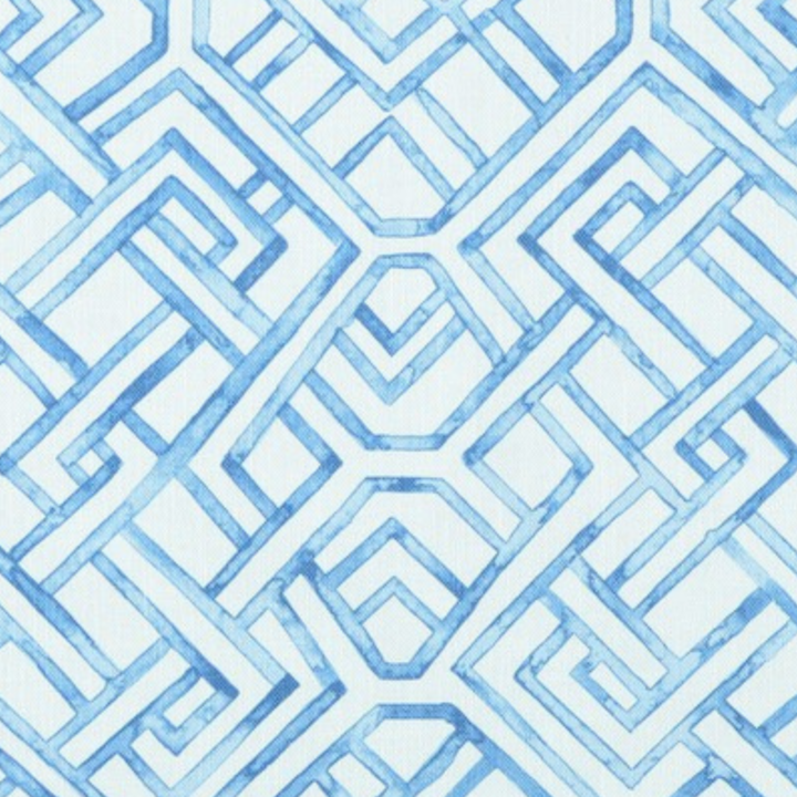 Regent Bluebell round linen featuring a soft blue geometric pattern on ivory fabric, 132-inch round