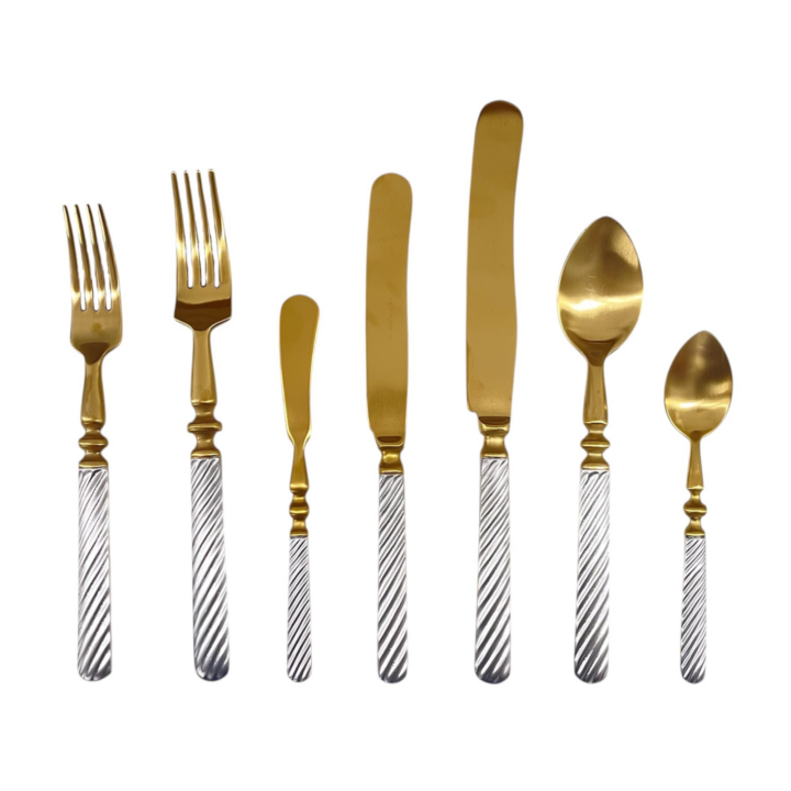 Verona silver and gold flatware set featuring gold-toned utensils with twisted silver handles, including forks, knives, and spoons.