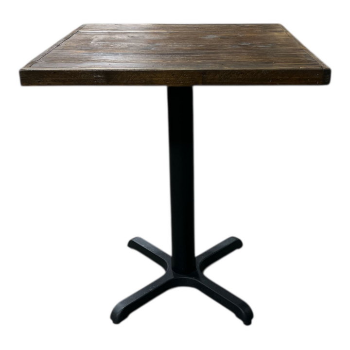 Square reclaimed wood bistro table with a rustic wood top and black metal pedestal base, ideal for cocktail and café-style event settings.