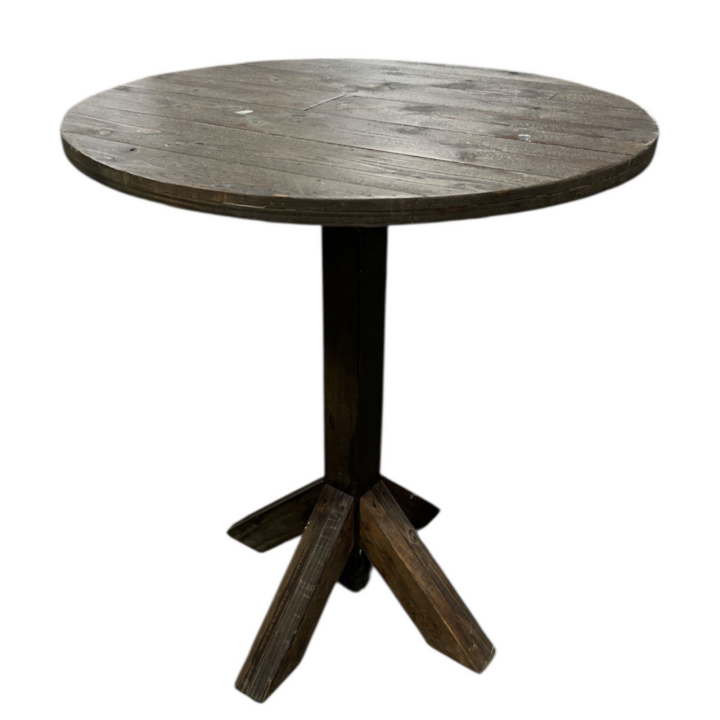 Reclaimed wood bar-height round table with rustic plank tabletop and solid wooden pedestal legs, 36-inch diameter cocktail table for events.